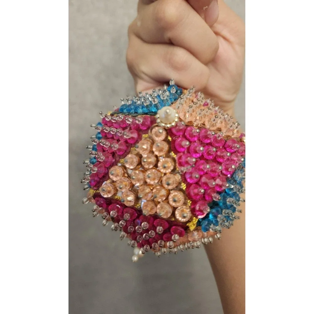 Handmade Beaded Sequin Christmas‎ Ornaments Set 3 Pink Red Multicolor Foam